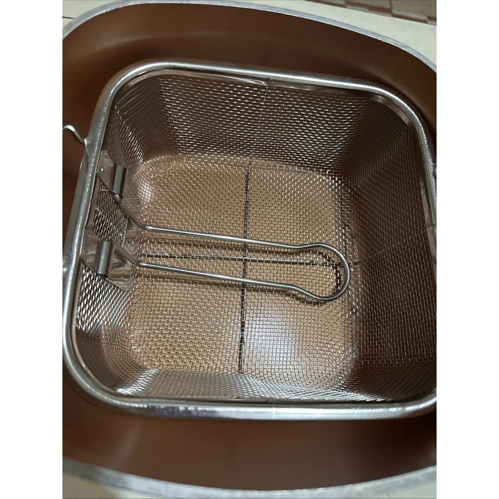 Square Non-Stick Frying Handled Deep Pan Lid Basket -Gotham Steel Copper EUC